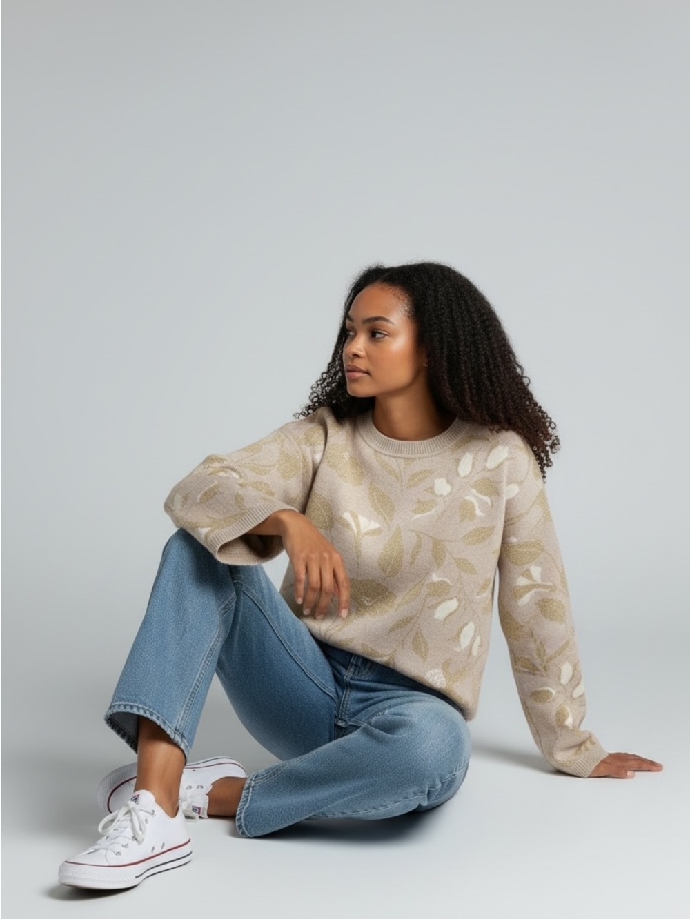 Ann Taylor Beige Floral Jacquard Crewneck Sweater